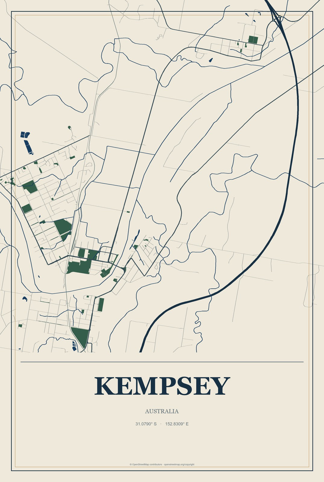 Kempsey, Australia City Map Aluminum Sign in Coastal Cutout style