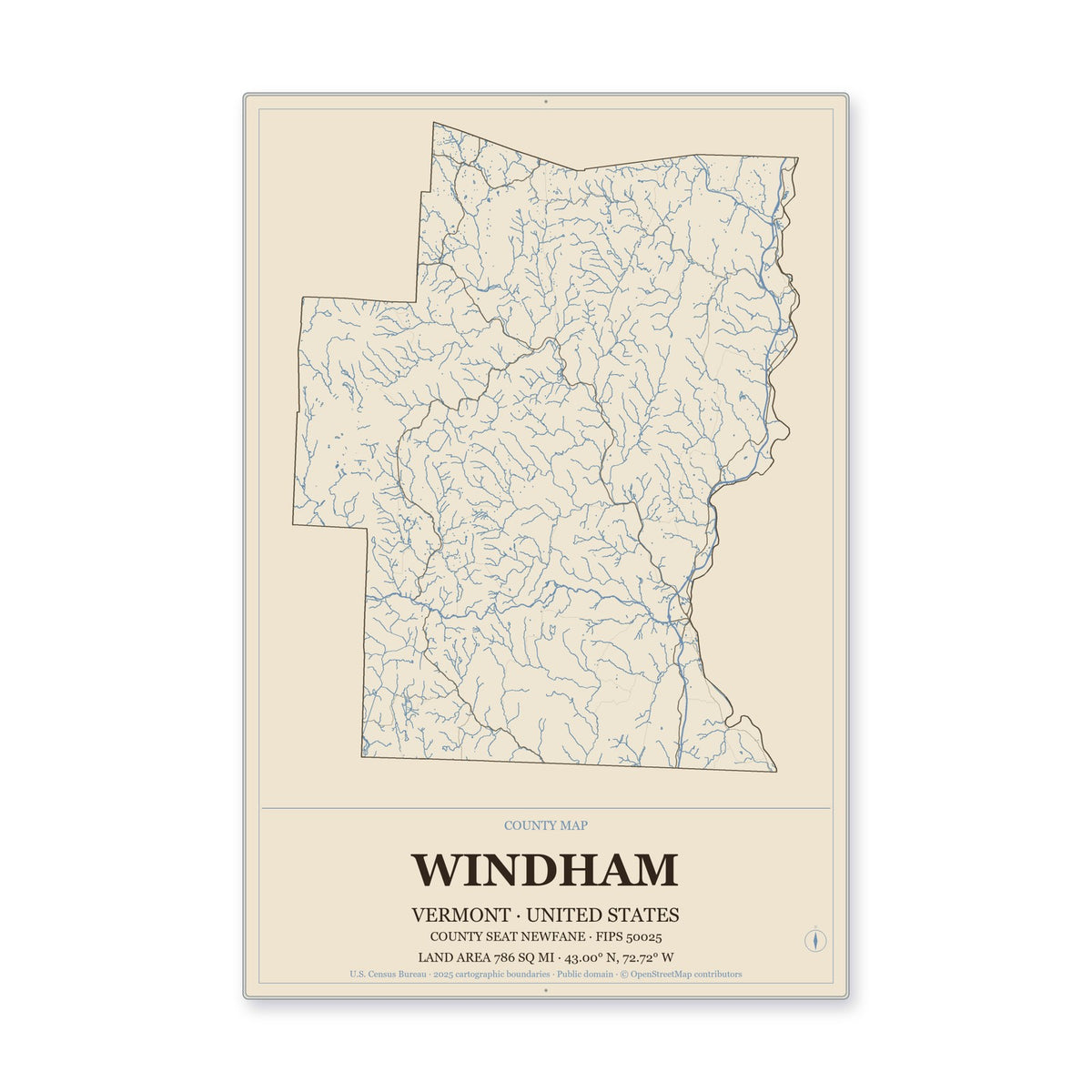 Windham County, Vermont Map Aluminum Sign in Heritage Nautical style