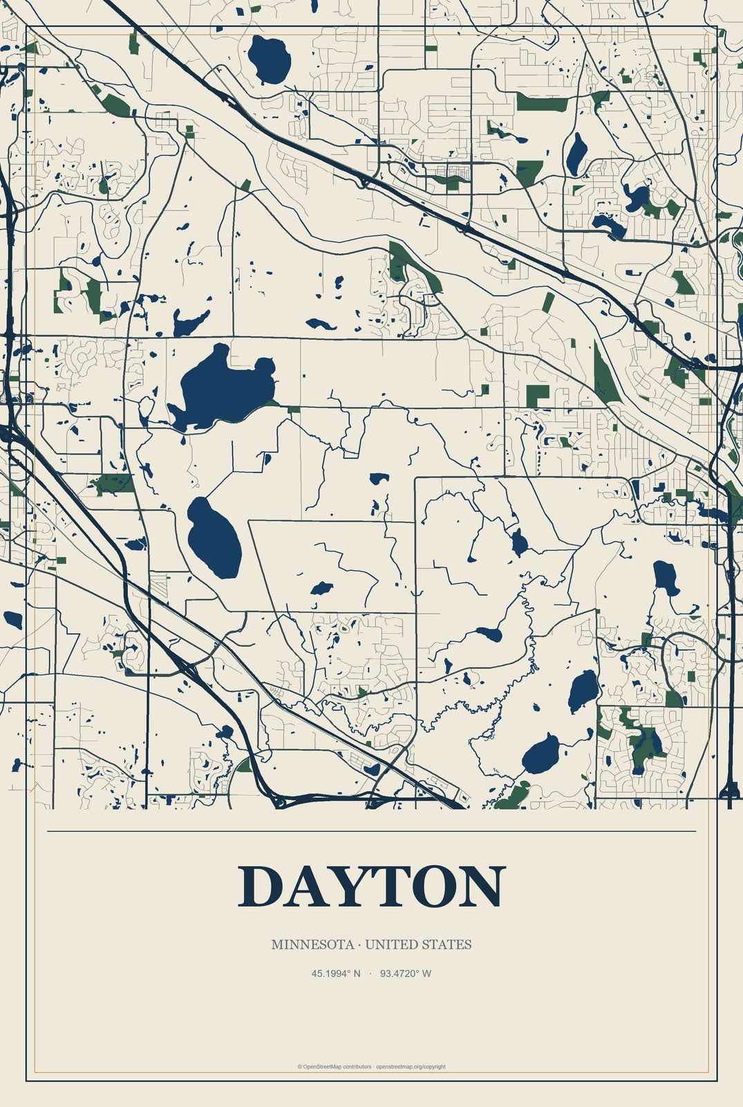 Dayton, Minnesota City Map Aluminum Sign in Coastal Cutout style