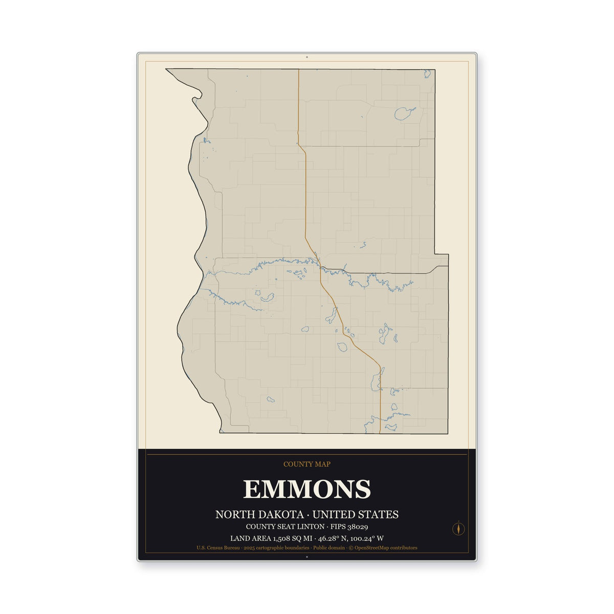 Emmons County, North Dakota Map Aluminum Sign in Museum Plaque style
