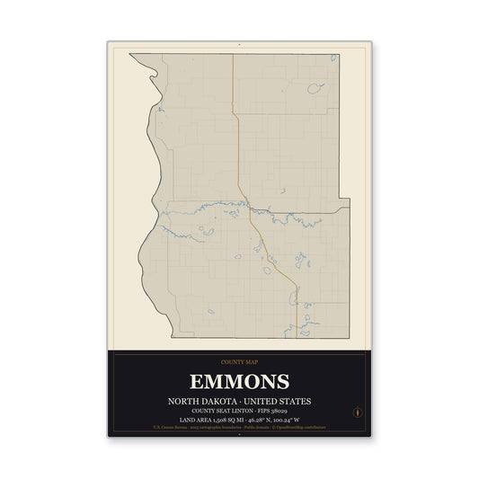Emmons County, North Dakota Map Aluminum Sign in Museum Plaque style