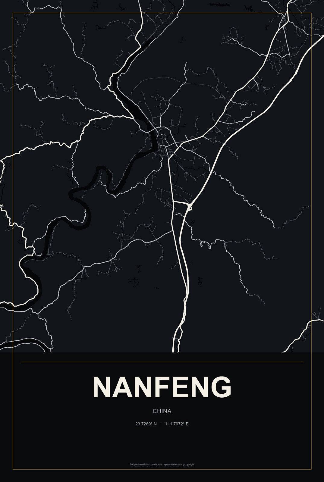 Nanfeng, Guangdong, China City Map Aluminum Sign in Metropolitan Noir style