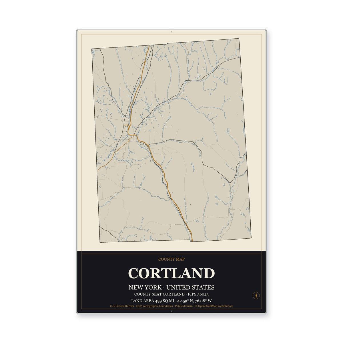 Cortland County, New York Map Aluminum Sign in Museum Plaque style
