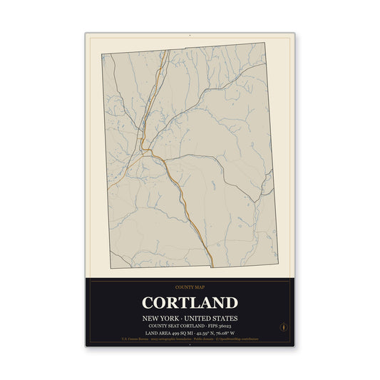 Cortland County, New York Map Aluminum Sign in Museum Plaque style
