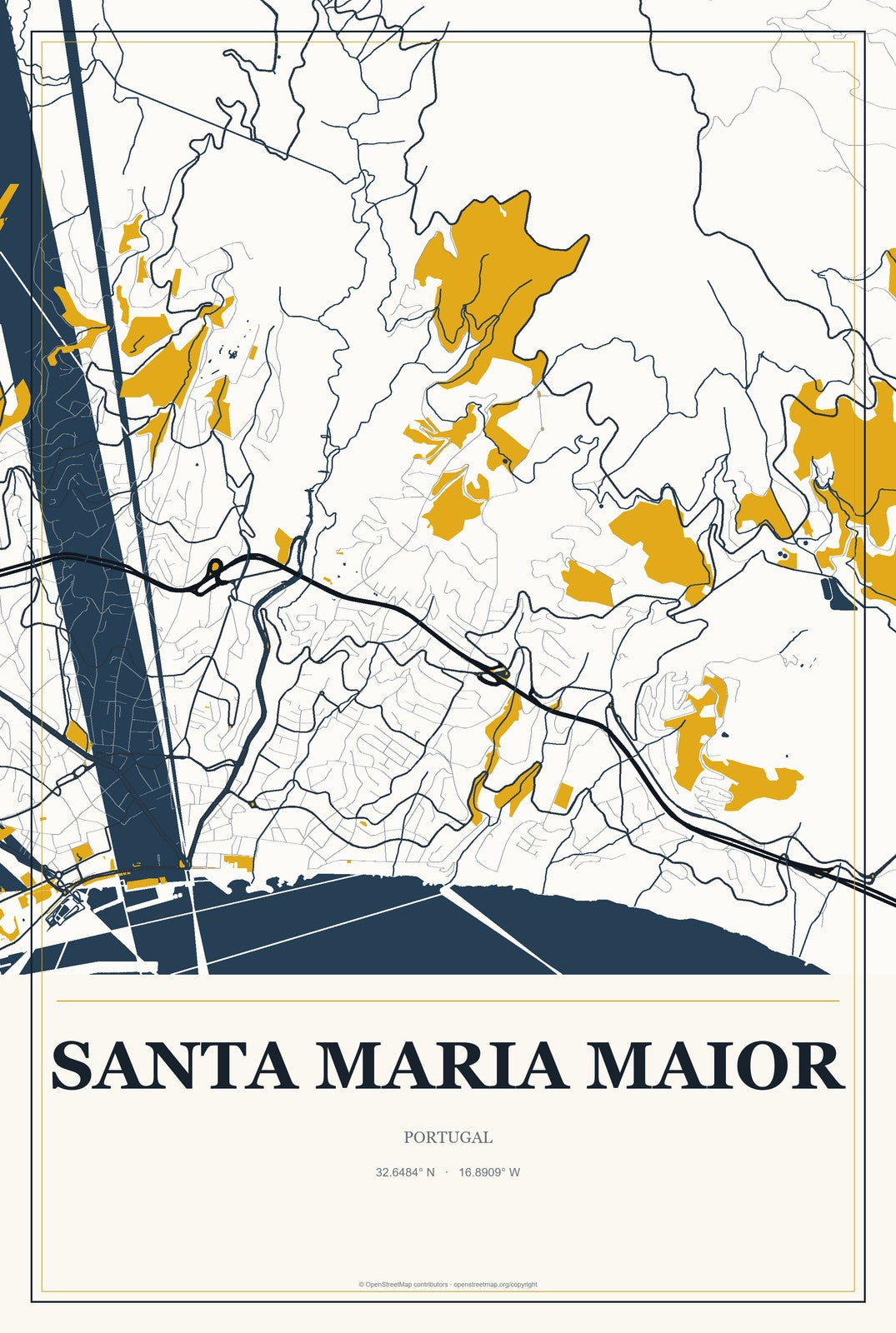 Santa Maria Maior, Portugal City Map Aluminum Sign in Citrine Modern style