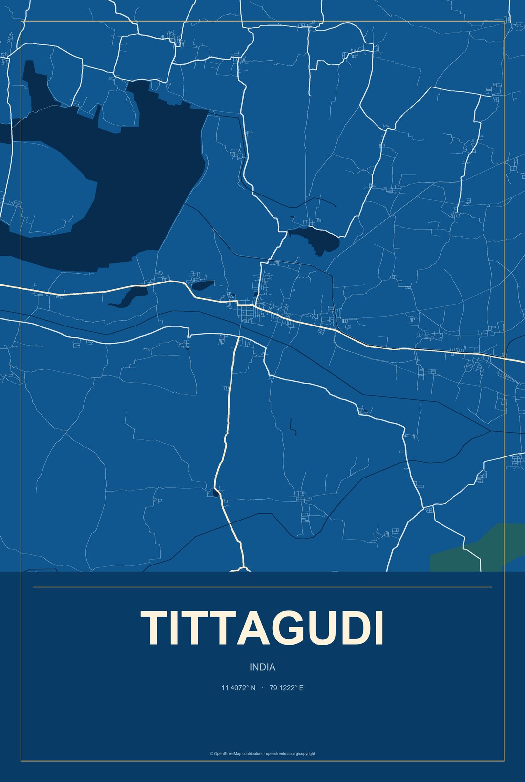 Tittagudi, India City Map Aluminum Sign in Harbor Cobalt style