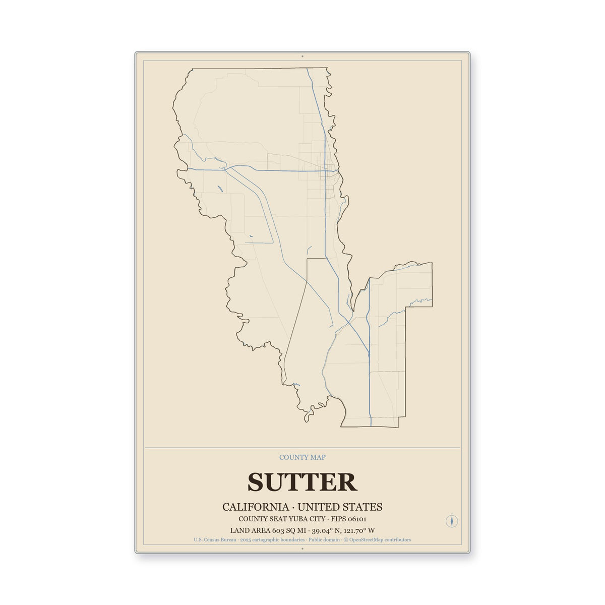 Sutter County, California Map Aluminum Sign in Heritage Nautical style