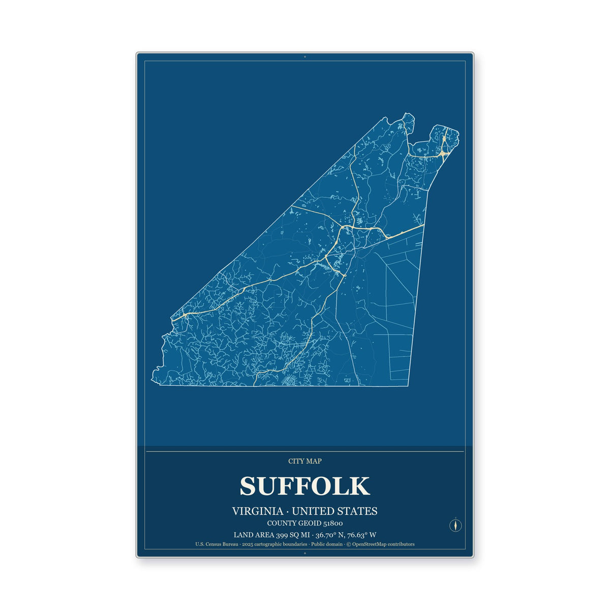 Suffolk city, Virginia Map Aluminum Sign in Harbor Cobalt style