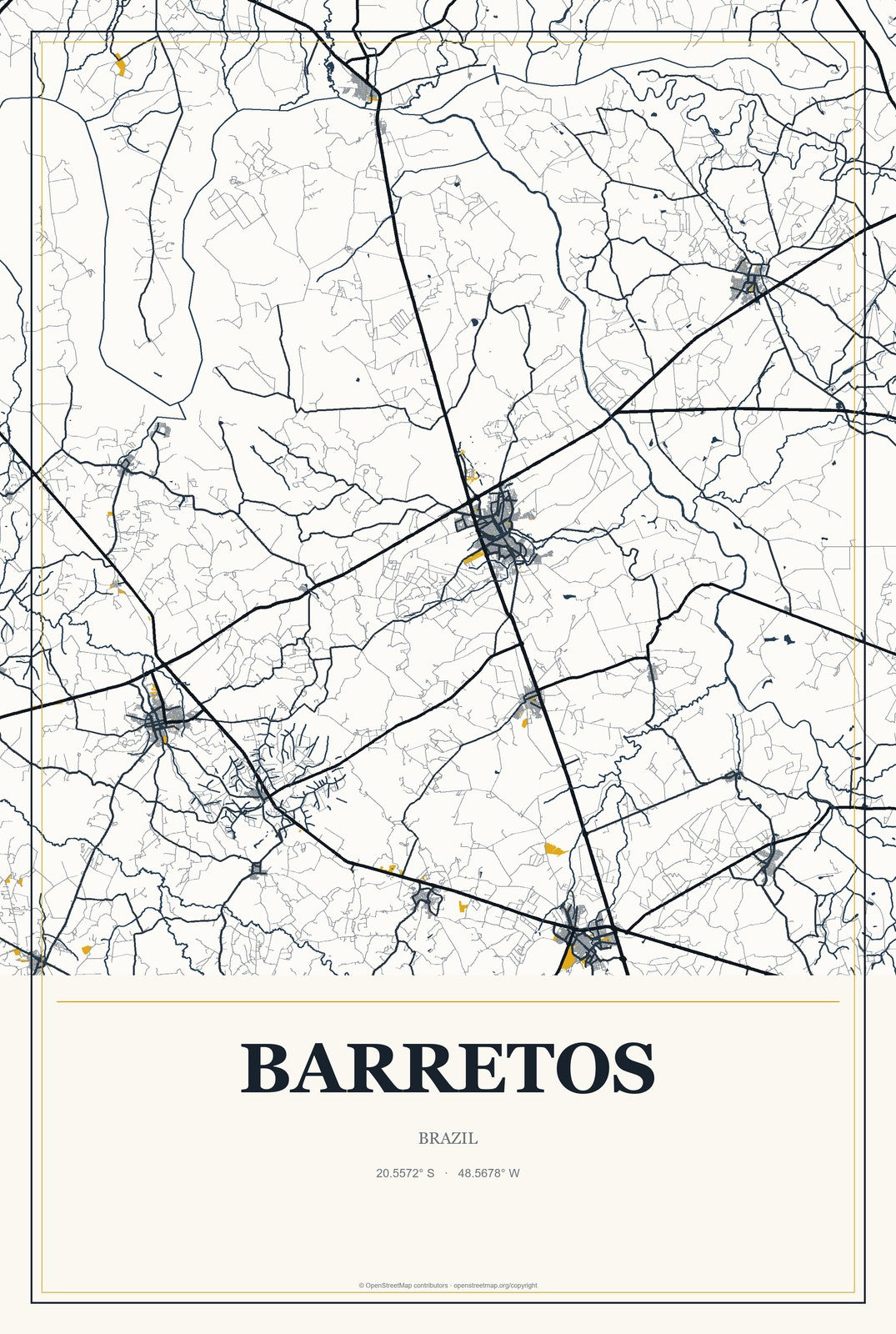 Barretos, Brazil City Map Aluminum Sign in Citrine Modern style