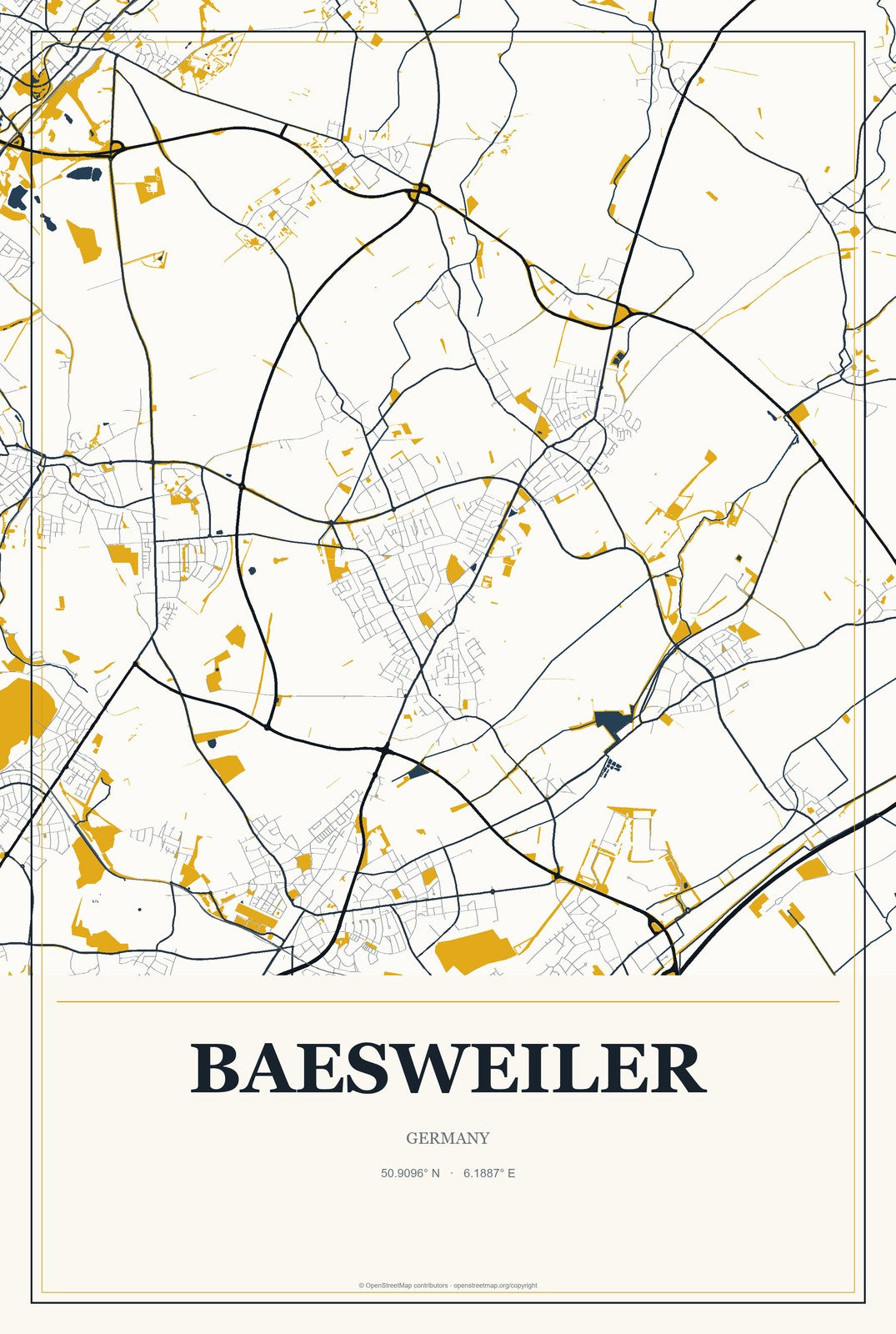 Baesweiler, Germany City Map Aluminum Sign in Citrine Modern style
