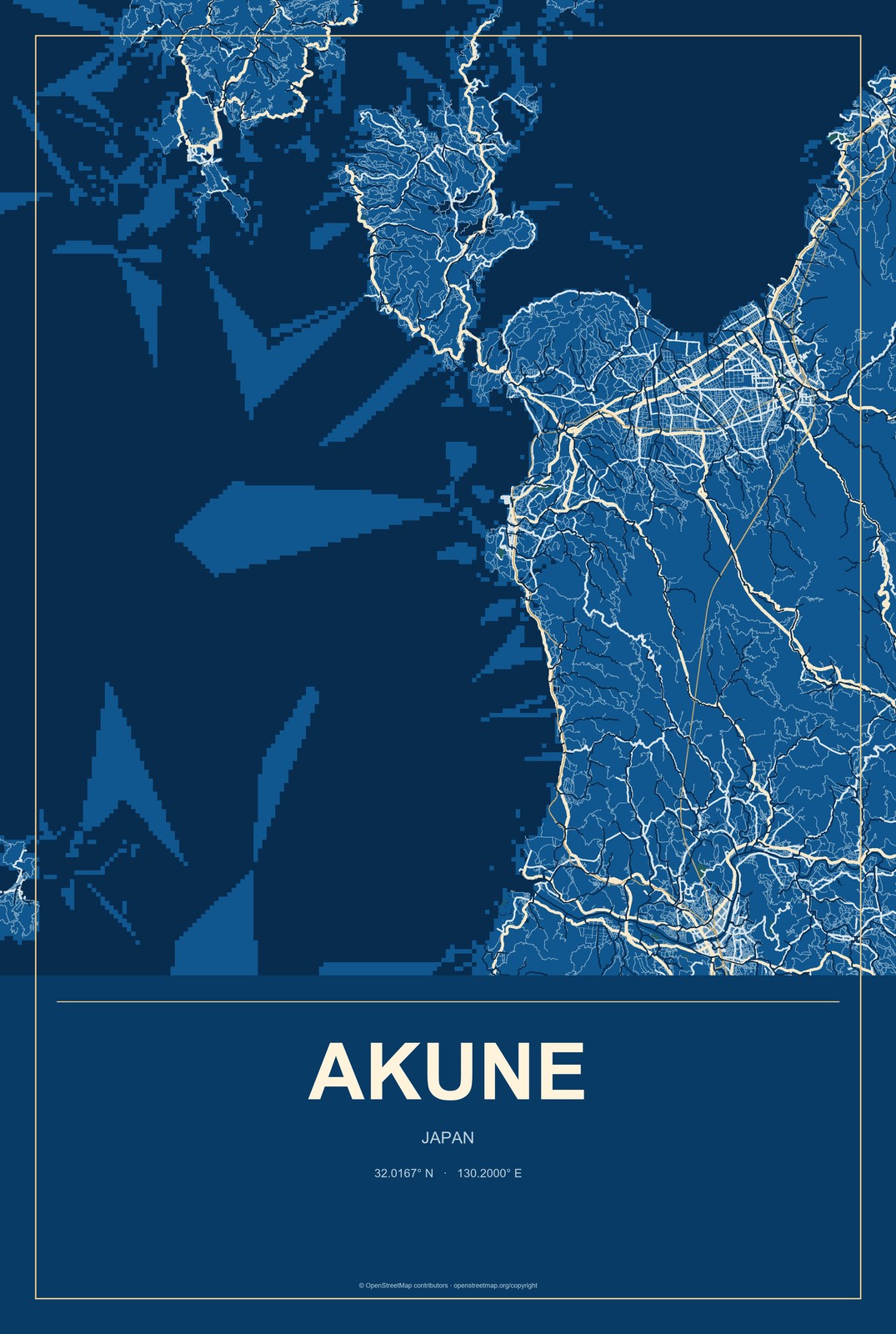 Akune, Japan City Map Aluminum Sign in Harbor Cobalt style