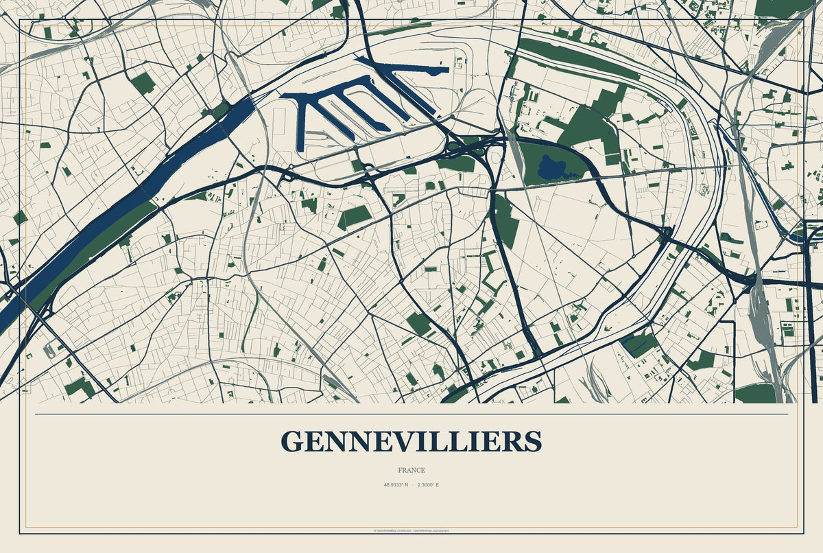 Gennevilliers, France City Map Aluminum Sign in Coastal Cutout style
