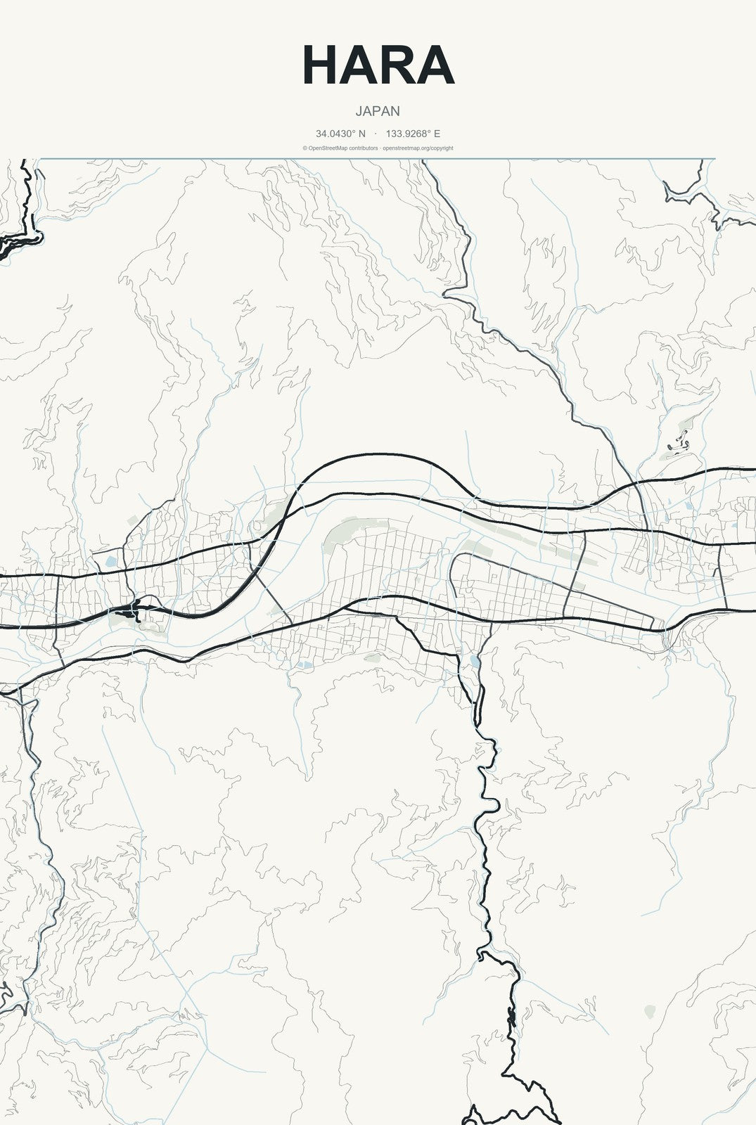 Hara, Japan City Map Aluminum Sign in Headline Atlas style