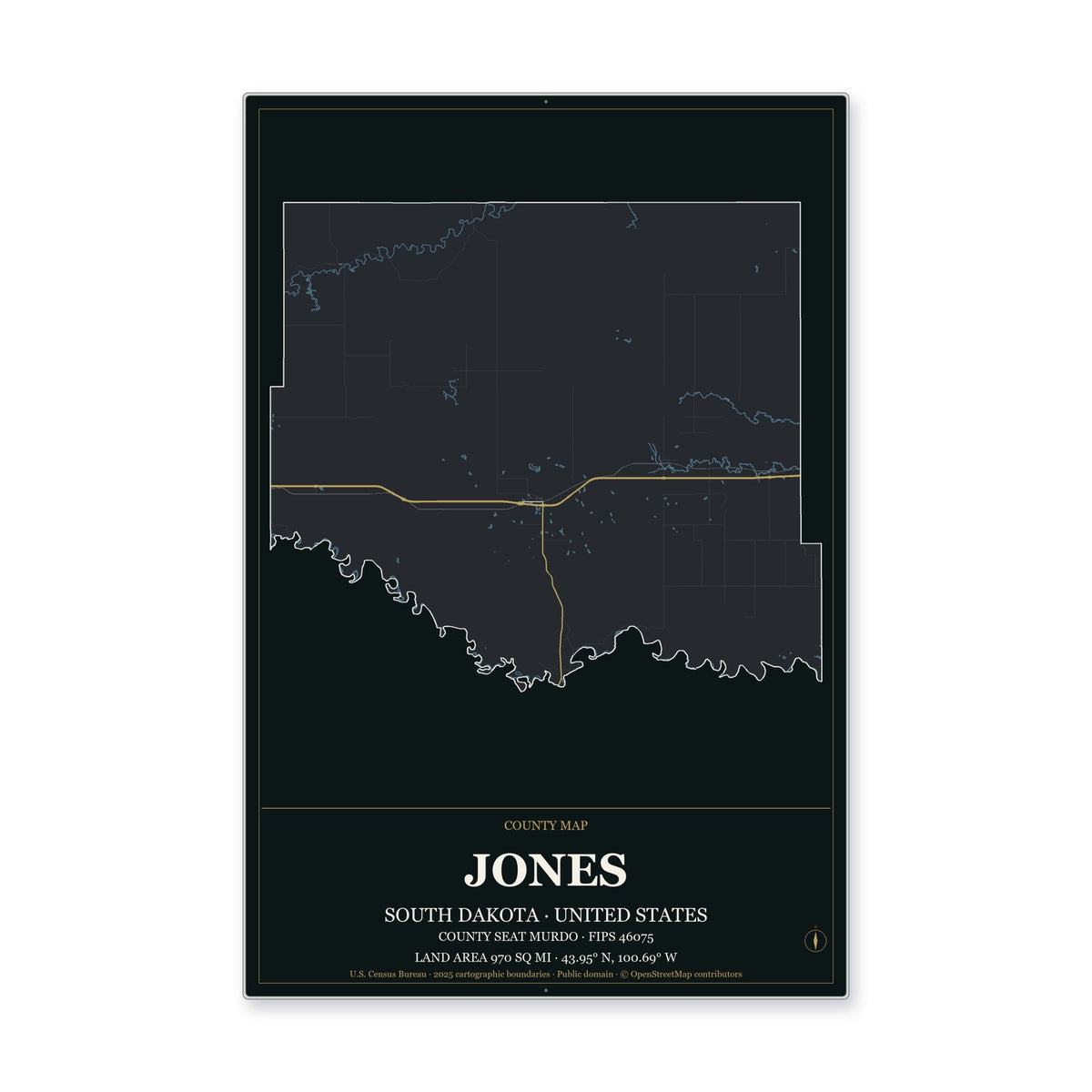 Jones County, South Dakota Map Aluminum Sign in Metropolitan Noir style