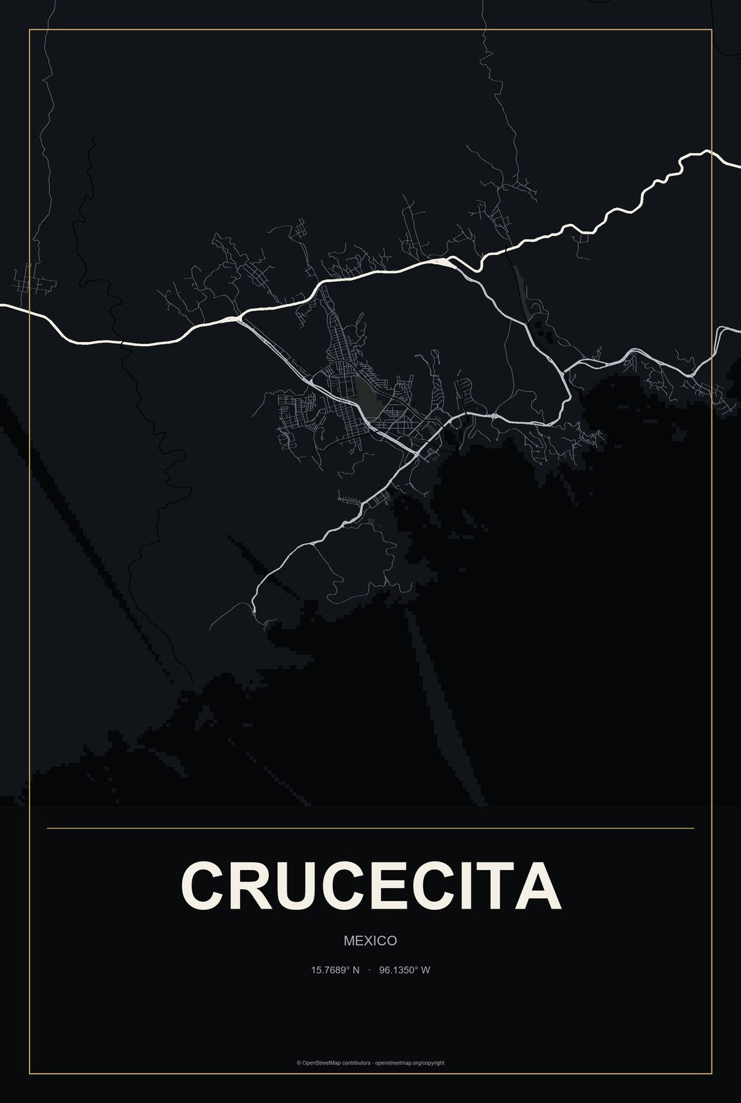 Crucecita, Mexico City Map Aluminum Sign in Metropolitan Noir style