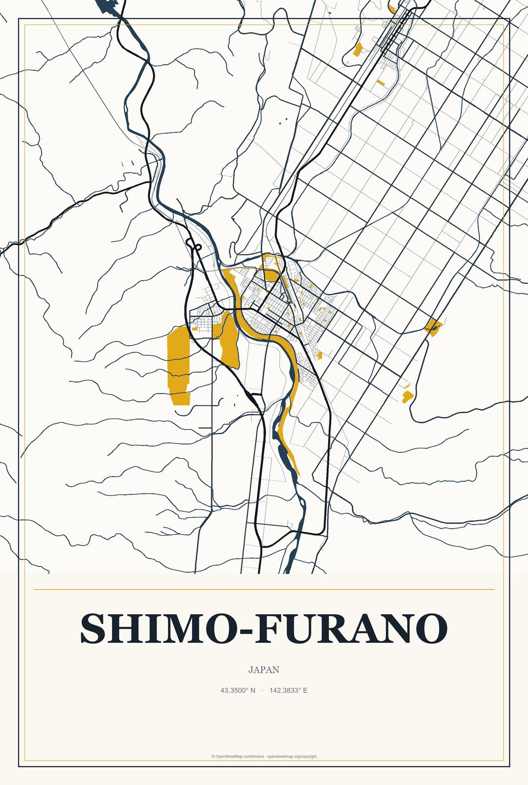 Shimo-furano, Japan City Map Aluminum Sign in Citrine Modern style