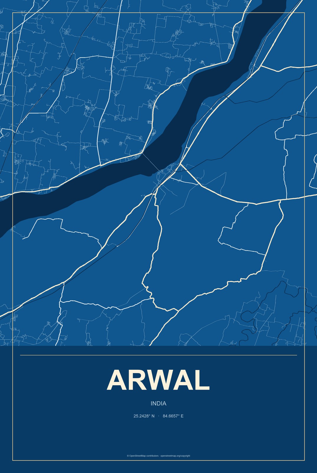 Arwal, India City Map Aluminum Sign in Harbor Cobalt style