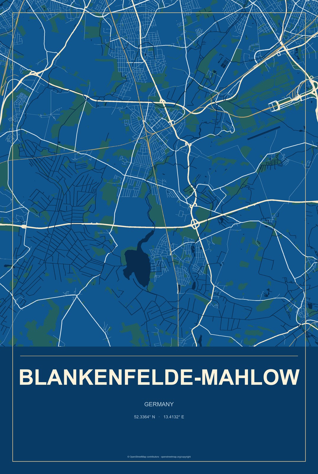 Blankenfelde-Mahlow, Germany City Map Aluminum Sign in Harbor Cobalt style