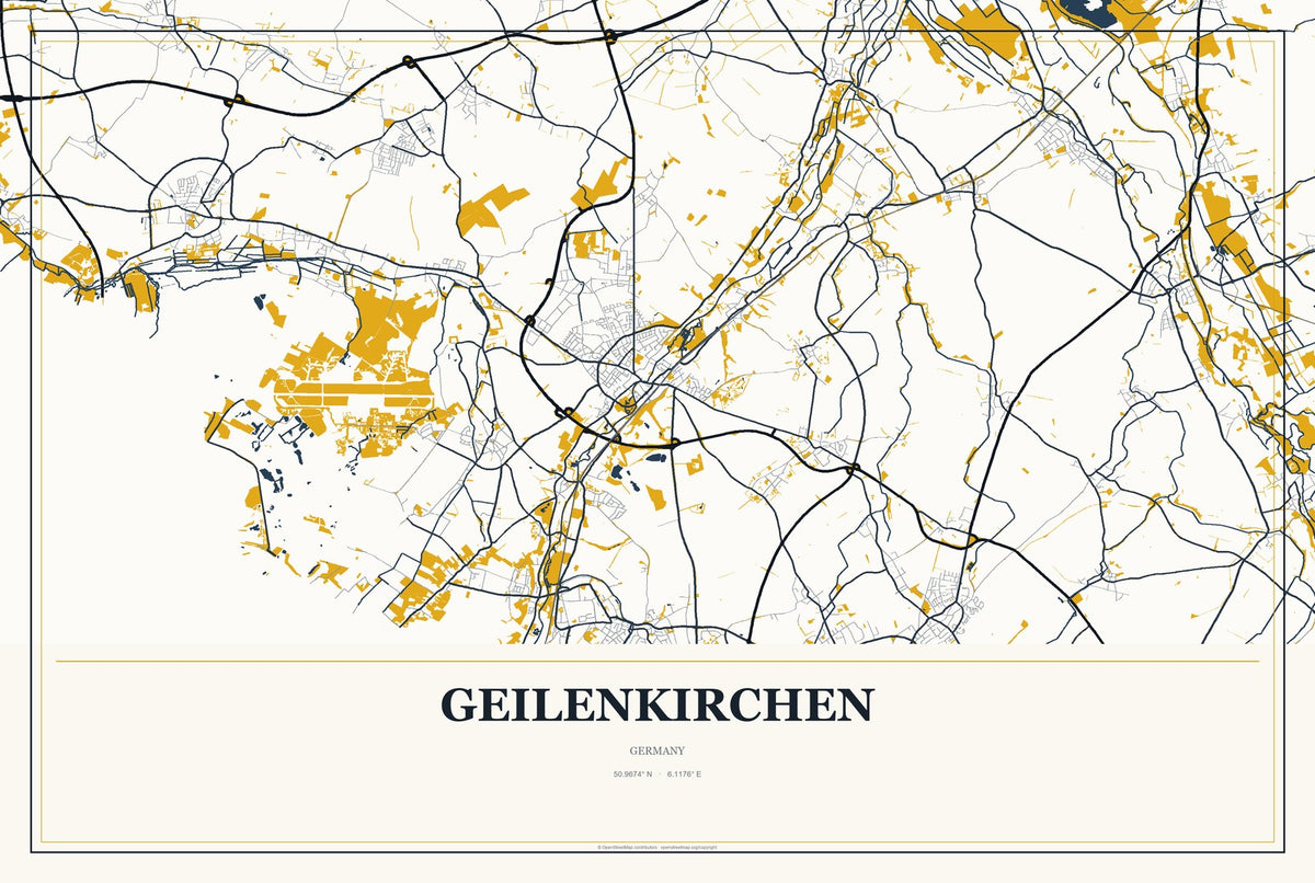 Geilenkirchen, Germany City Map Aluminum Sign in Citrine Modern style
