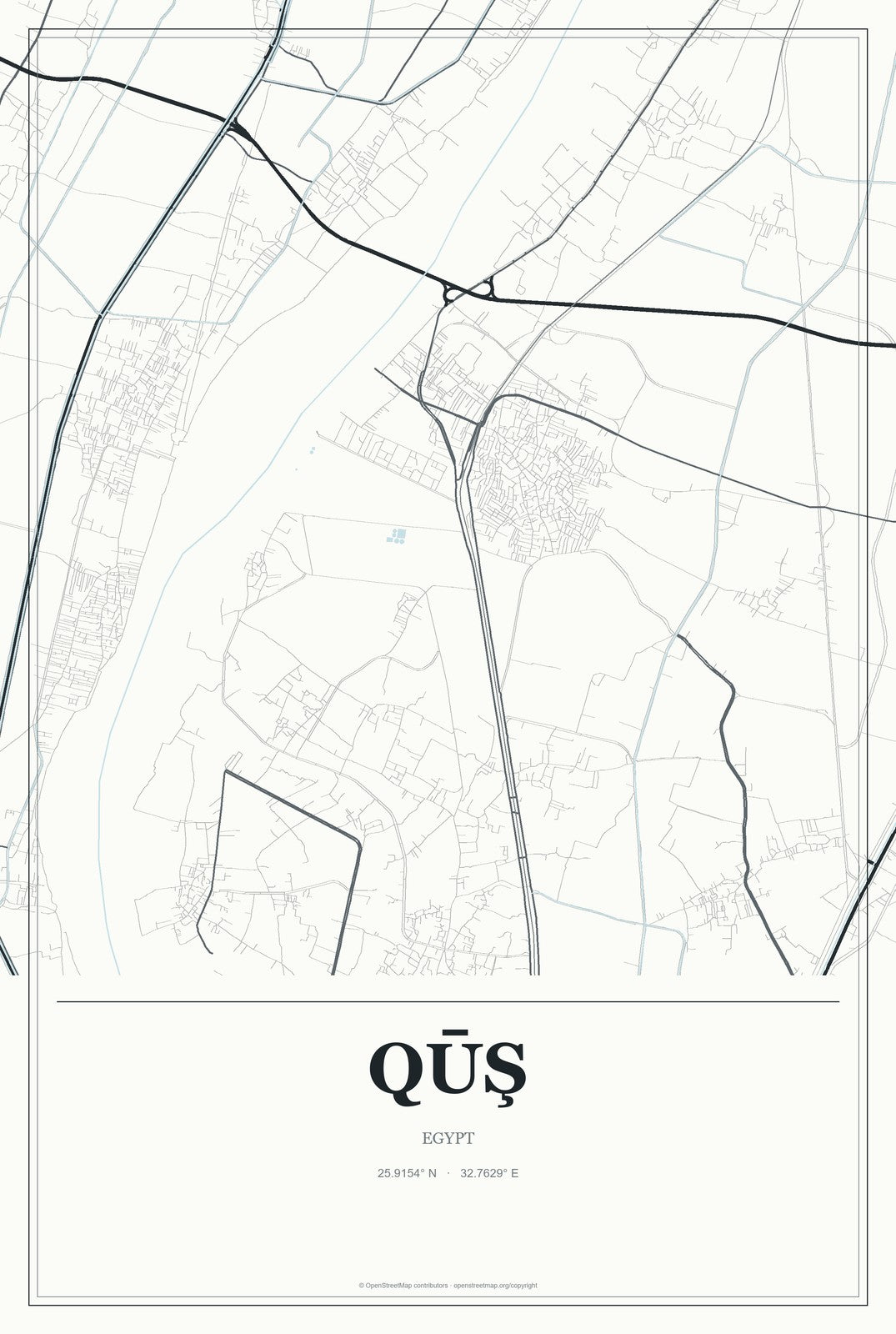 Qūş, Egypt City Map Aluminum Sign in Gallery Air style