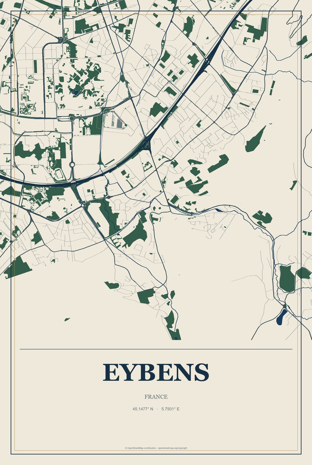 Eybens, France City Map Aluminum Sign in Coastal Cutout style