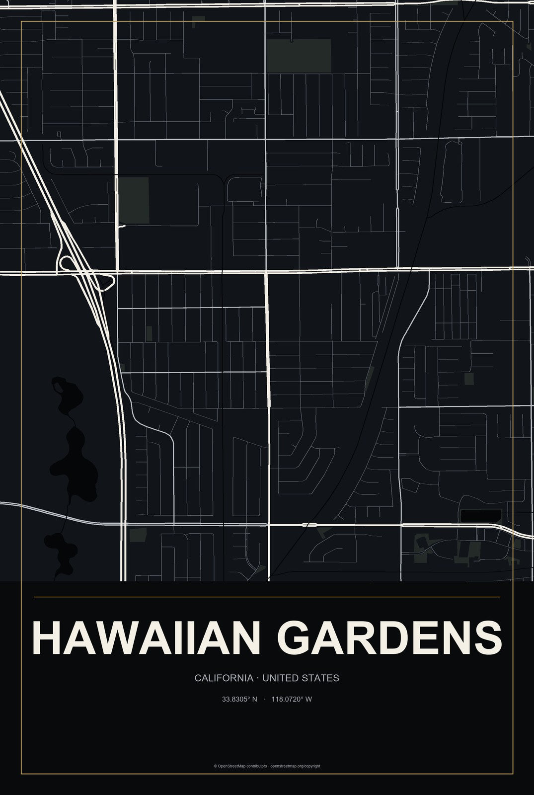 Hawaiian Gardens, California City Map Aluminum Sign in Metropolitan Noir style