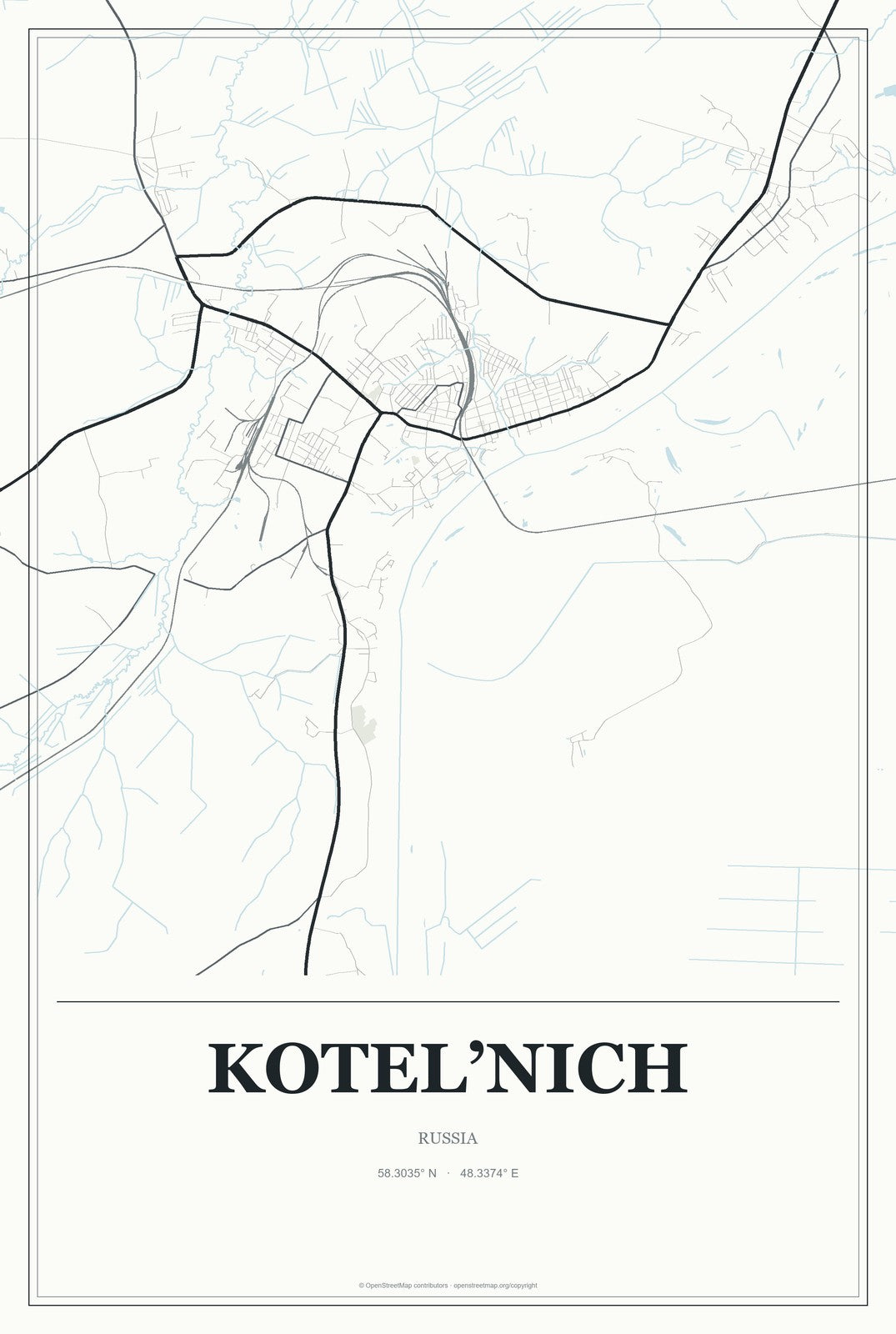 Kotel’nich, Russia City Map Aluminum Sign in Gallery Air style