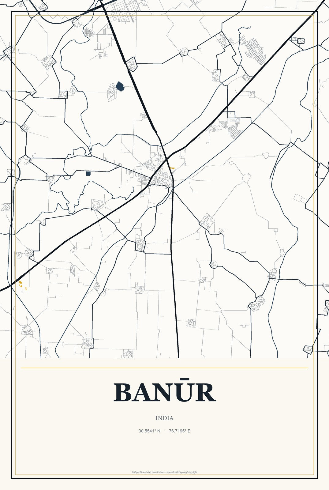 Banūr, India City Map Aluminum Sign in Citrine Modern style