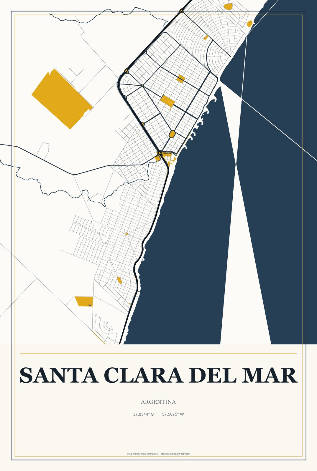 Santa Clara del Mar, Argentina City Map Aluminum Sign in Citrine Modern style