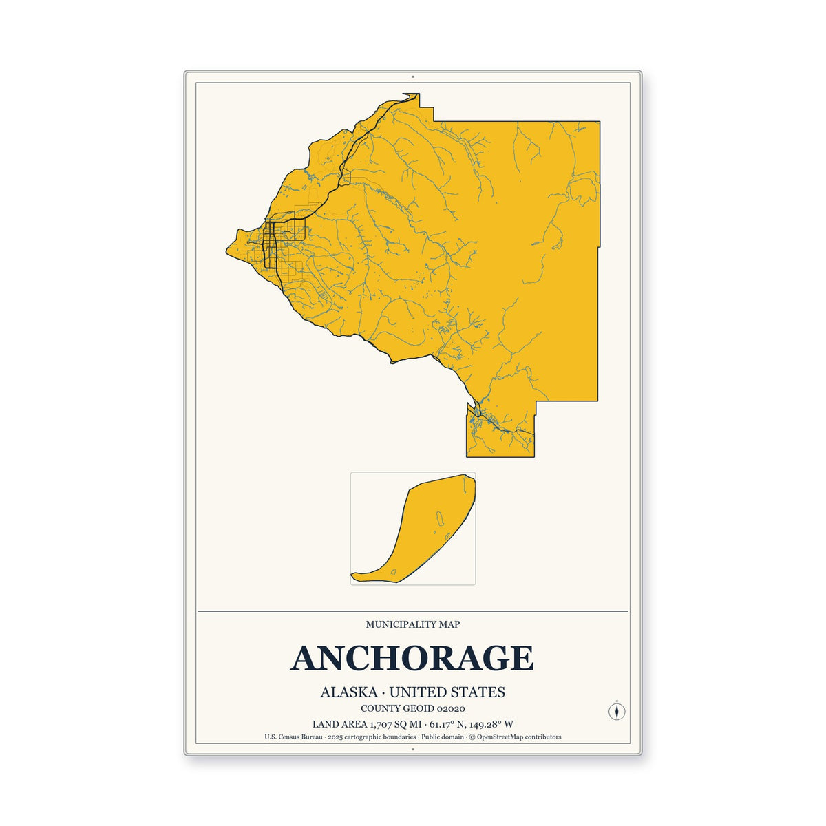 Anchorage Municipality, Alaska Map Aluminum Sign in Citrine Modern style
