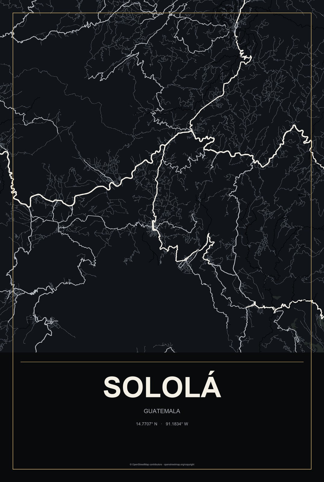Sololá, Guatemala City Map Aluminum Sign in Metropolitan Noir style