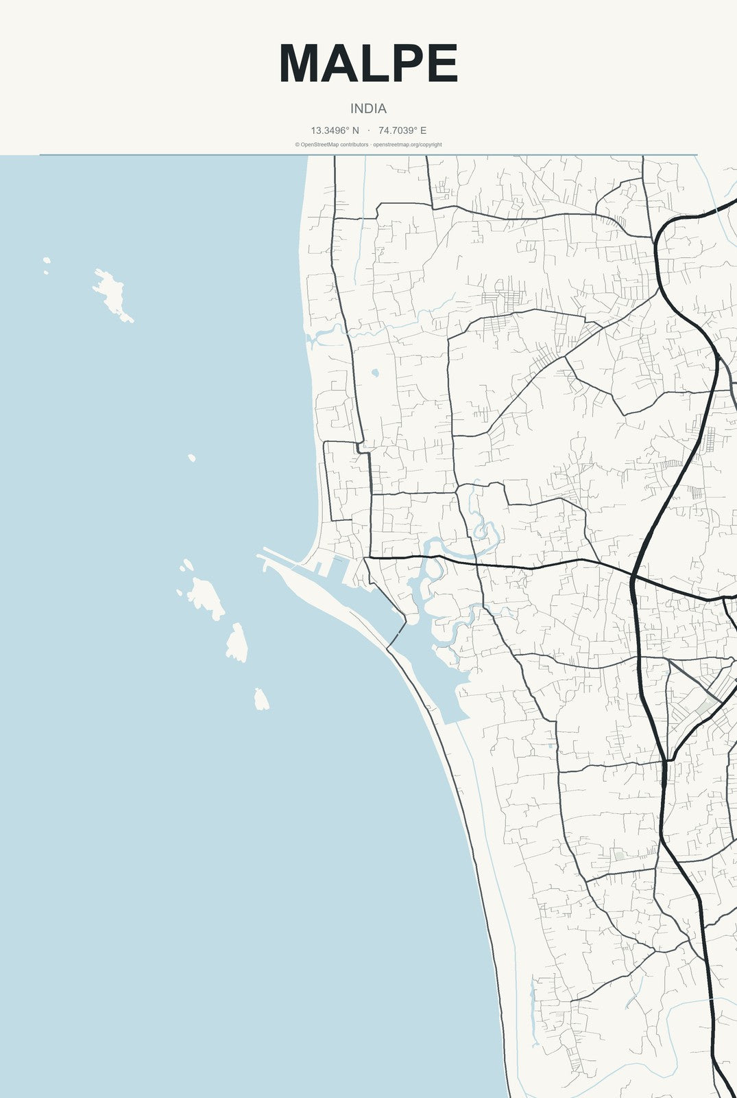 Malpe, India City Map Aluminum Sign in Headline Atlas style
