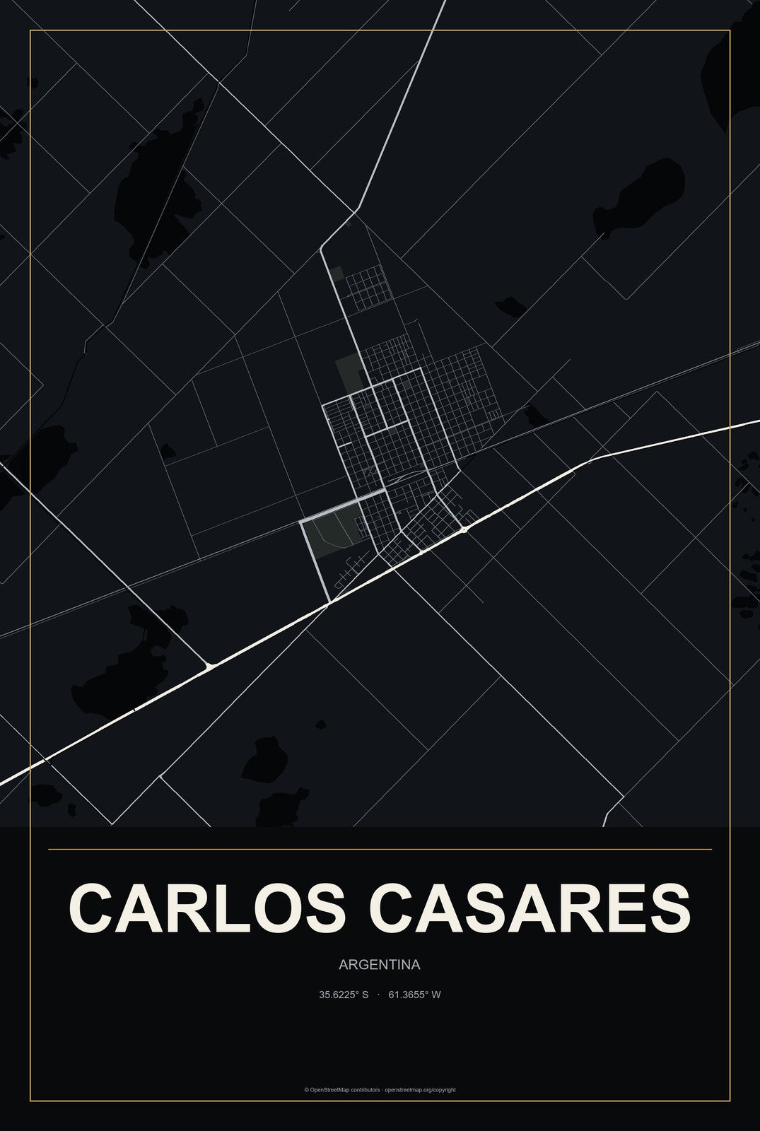 Carlos Casares, Argentina City Map Aluminum Sign in Metropolitan Noir style