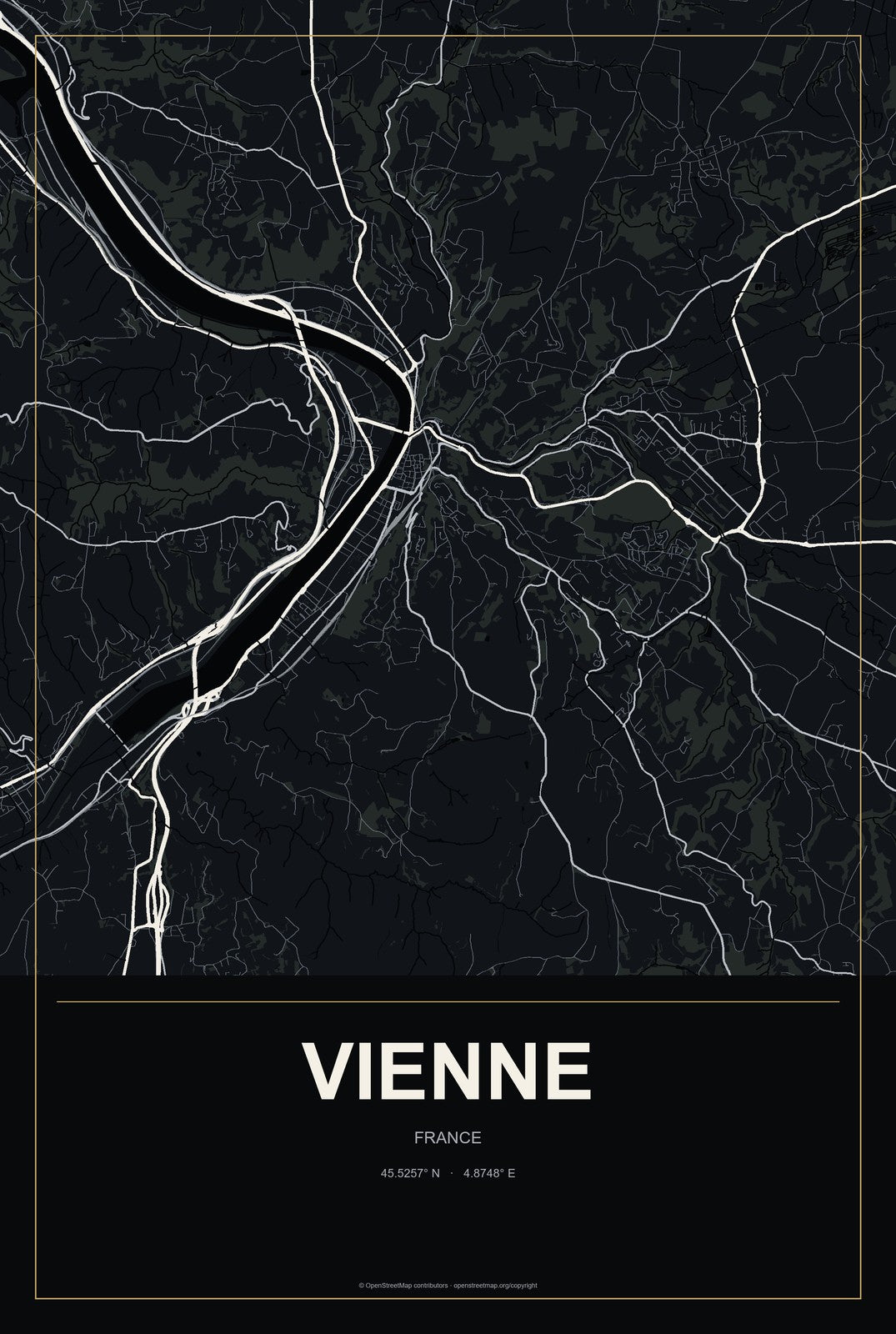 Vienne, France City Map Aluminum Sign in Metropolitan Noir style