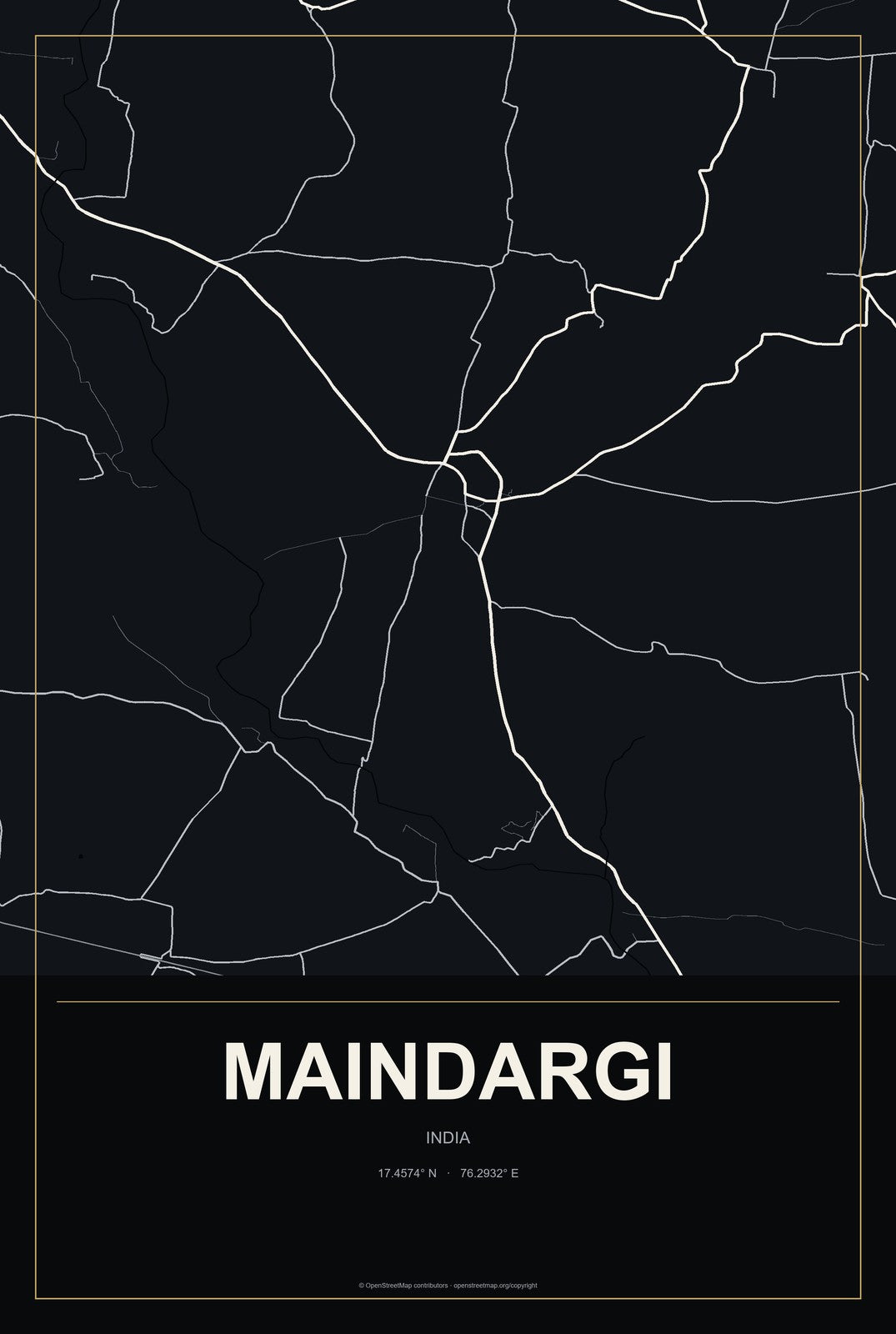 Maindargi, India City Map Aluminum Sign in Metropolitan Noir style