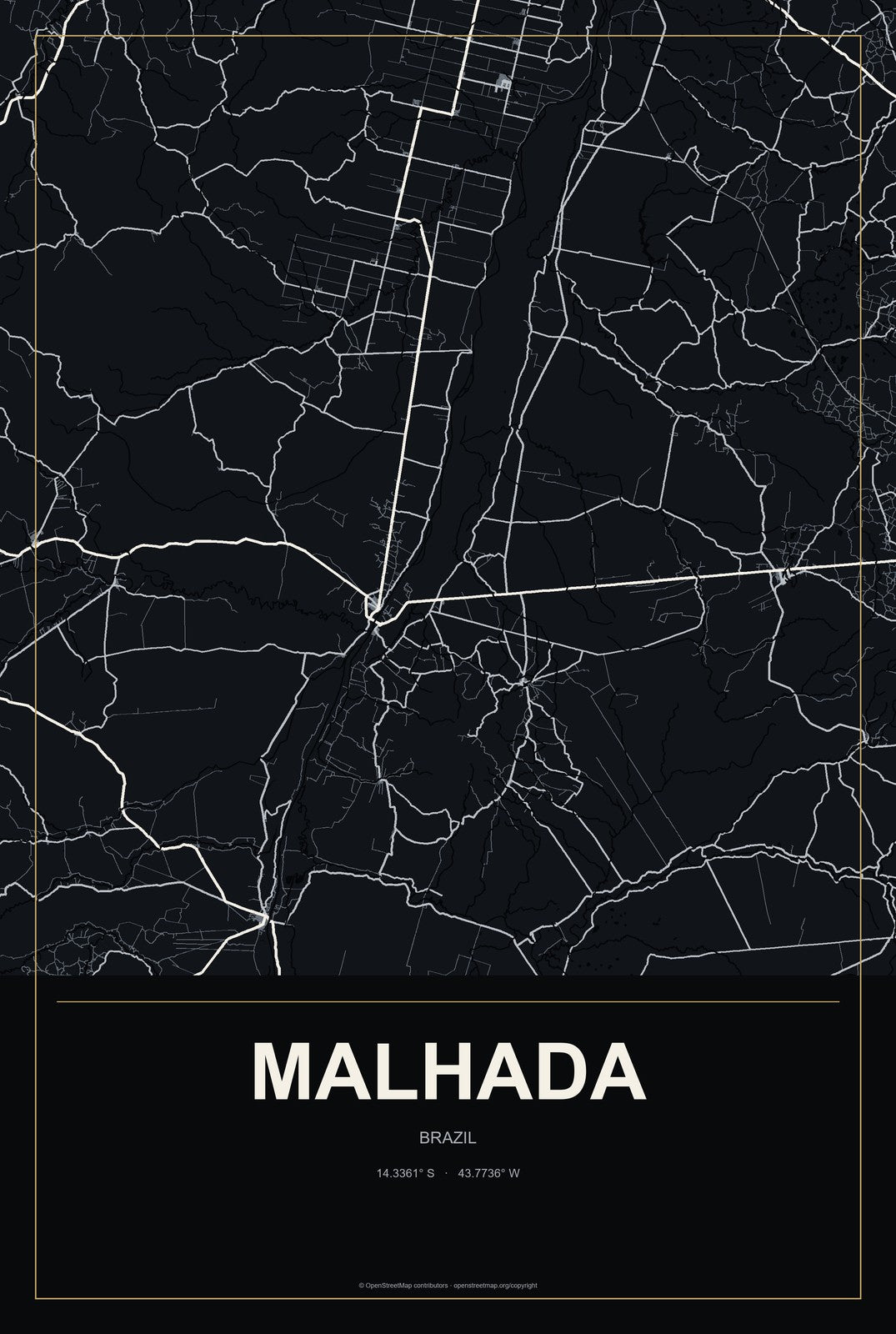 Malhada, Brazil City Map Aluminum Sign in Metropolitan Noir style