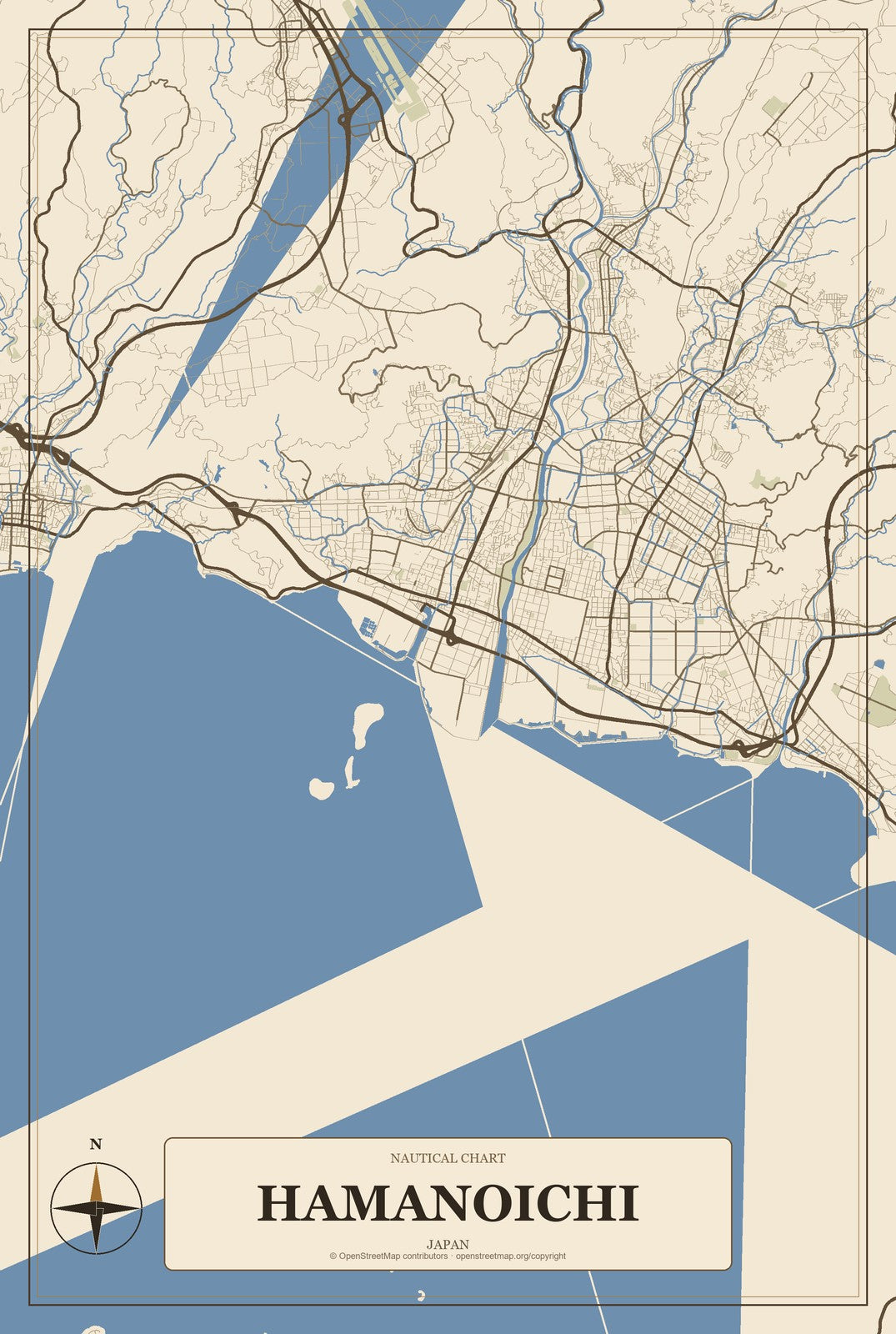 Hamanoichi, Japan City Map Aluminum Sign in Heritage Nautical style