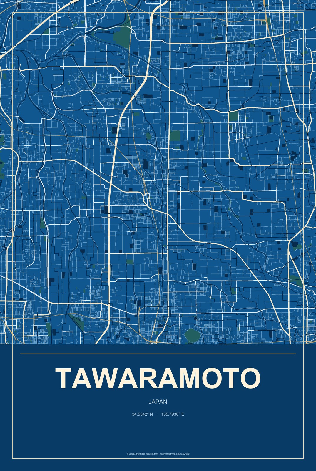 Tawaramoto, Japan City Map Aluminum Sign in Harbor Cobalt style