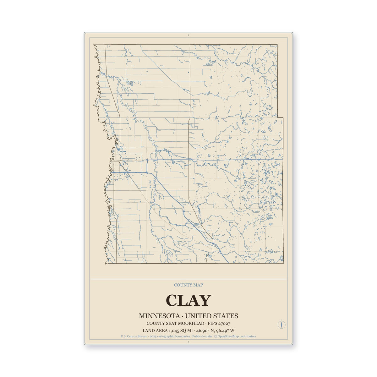 Clay County, Minnesota Map Aluminum Sign in Heritage Nautical style