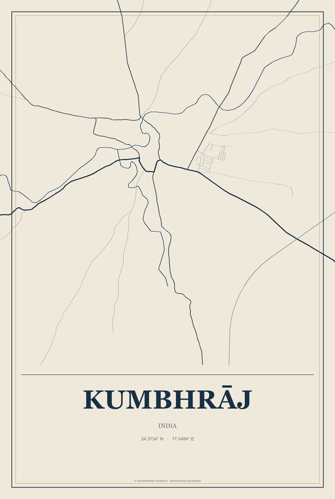 Kumbhrāj, India City Map Aluminum Sign in Coastal Cutout style