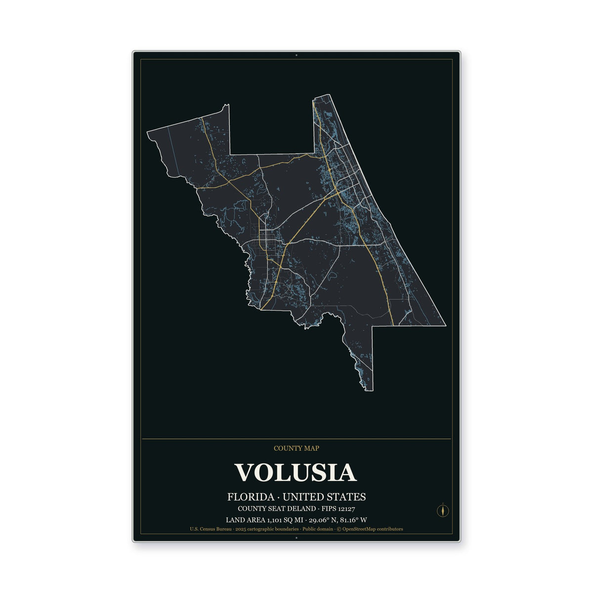 Volusia County, Florida Map Aluminum Sign in Metropolitan Noir style