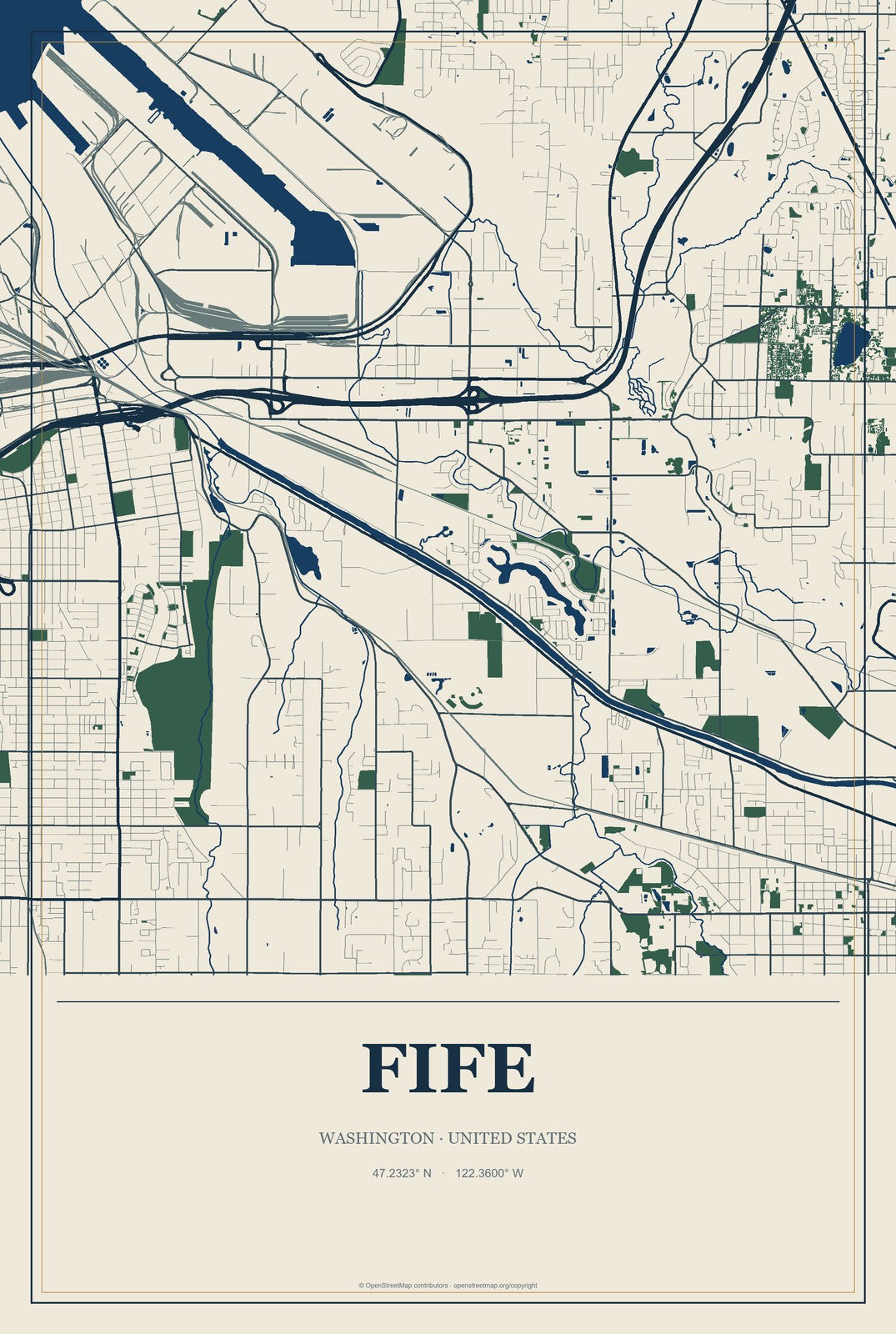 Fife, Washington City Map Aluminum Sign in Coastal Cutout style