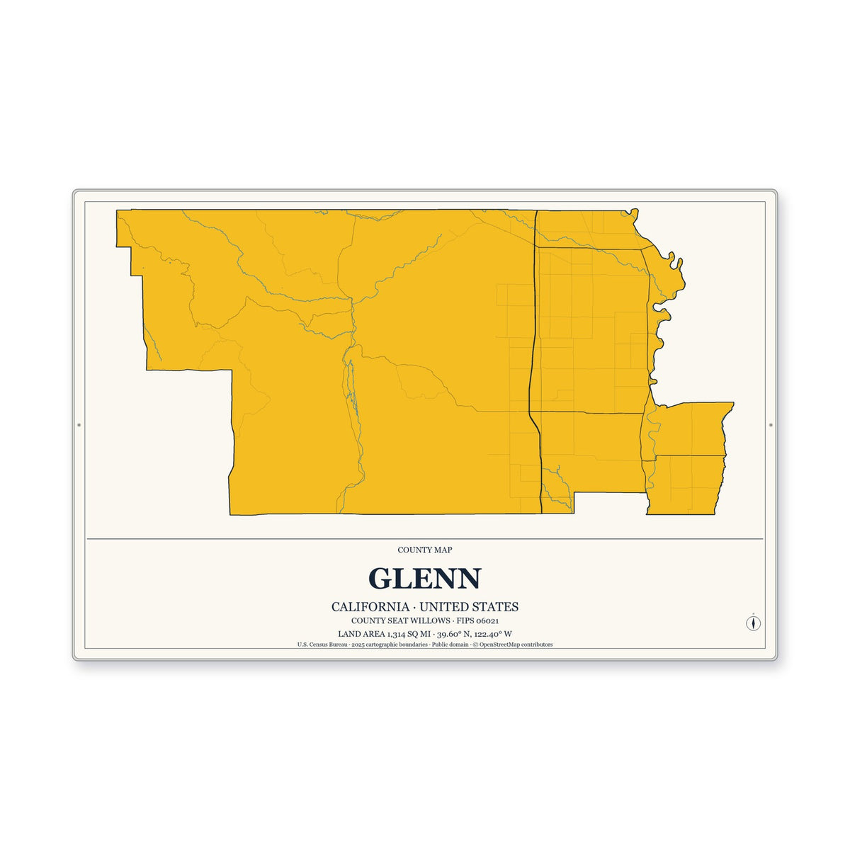 Glenn County, California Map Aluminum Sign in Citrine Modern style