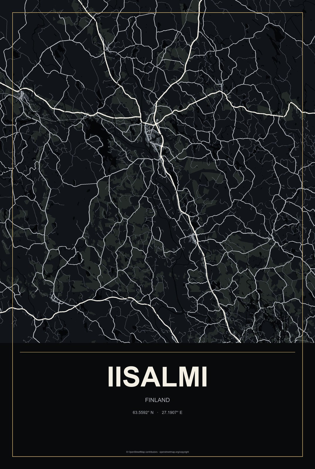 Iisalmi, Finland City Map Aluminum Sign in Metropolitan Noir style