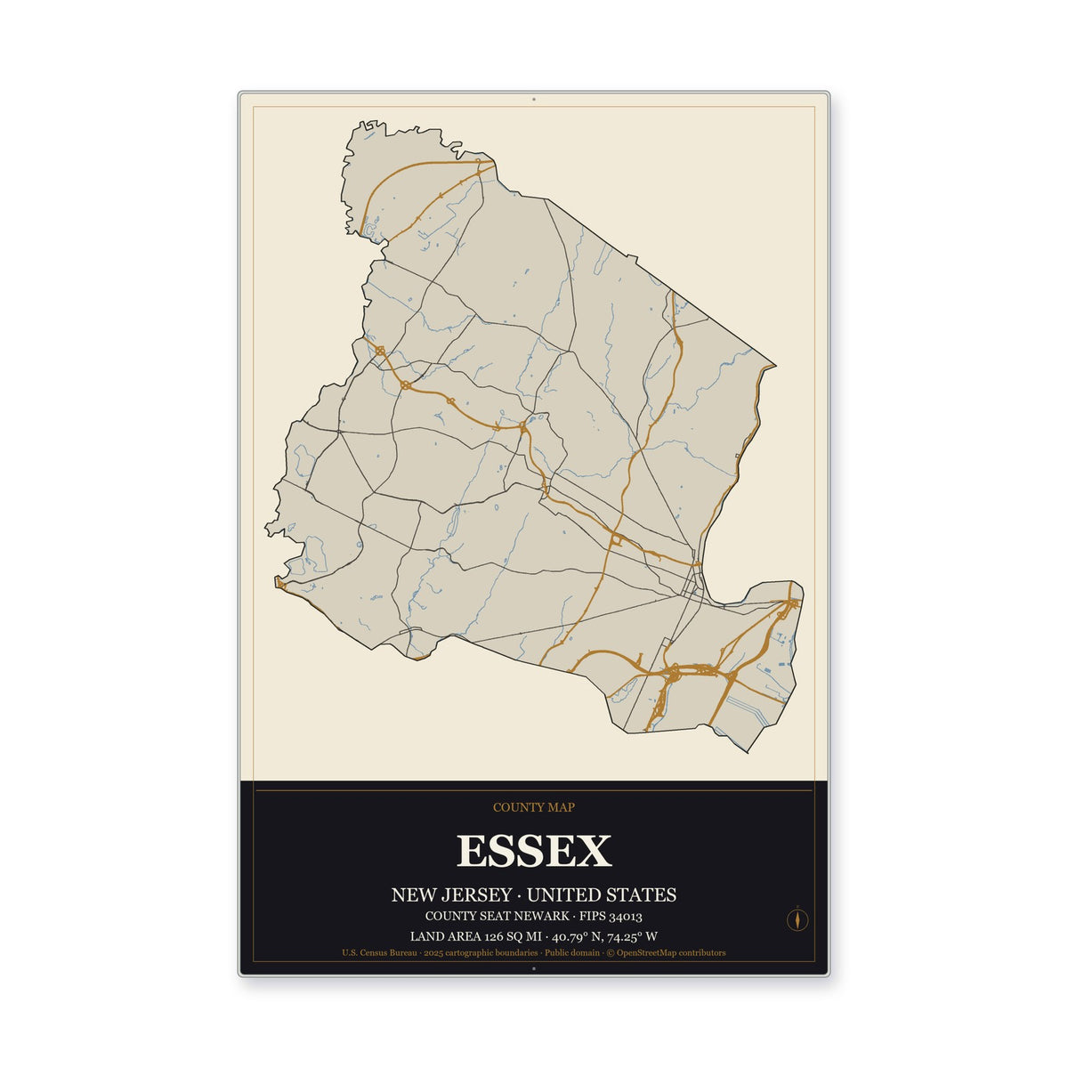Essex County, New Jersey Map Aluminum Sign in Museum Plaque style