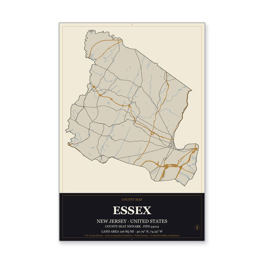 Essex County, New Jersey Map Aluminum Sign in Museum Plaque style