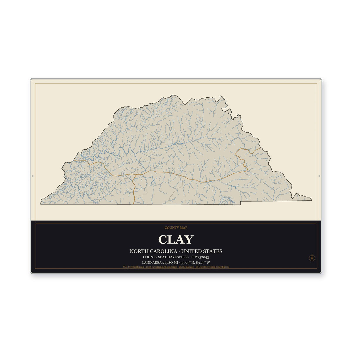 Clay County, North Carolina Map Aluminum Sign in Museum Plaque style