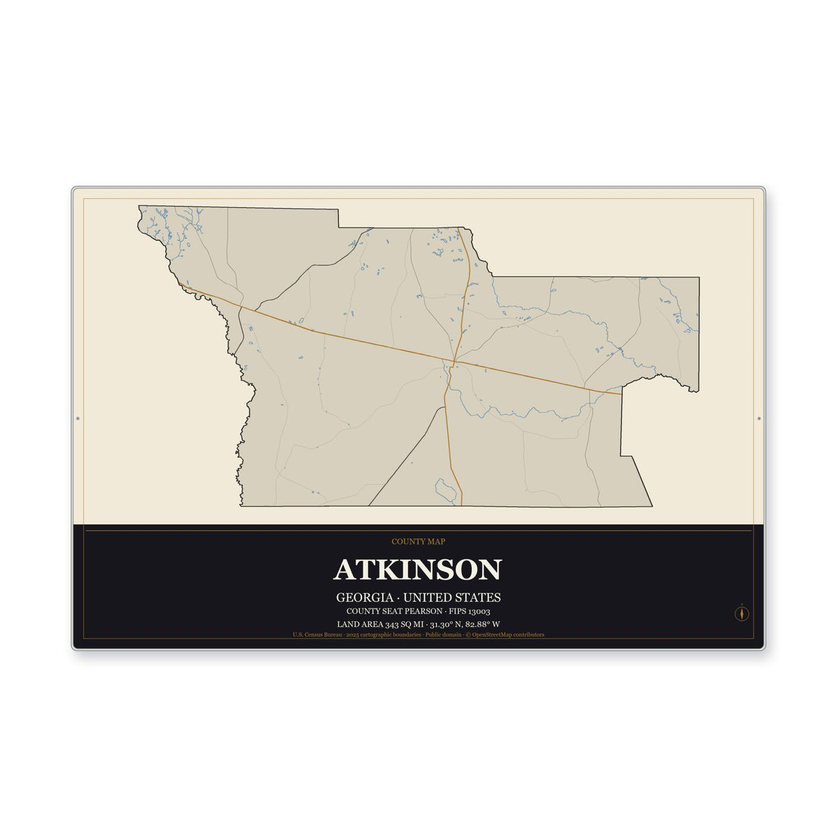 Atkinson County, Georgia Map Aluminum Sign in Museum Plaque style