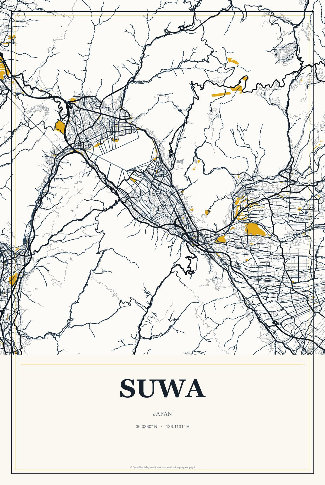 Suwa, Japan City Map Aluminum Sign in Citrine Modern style