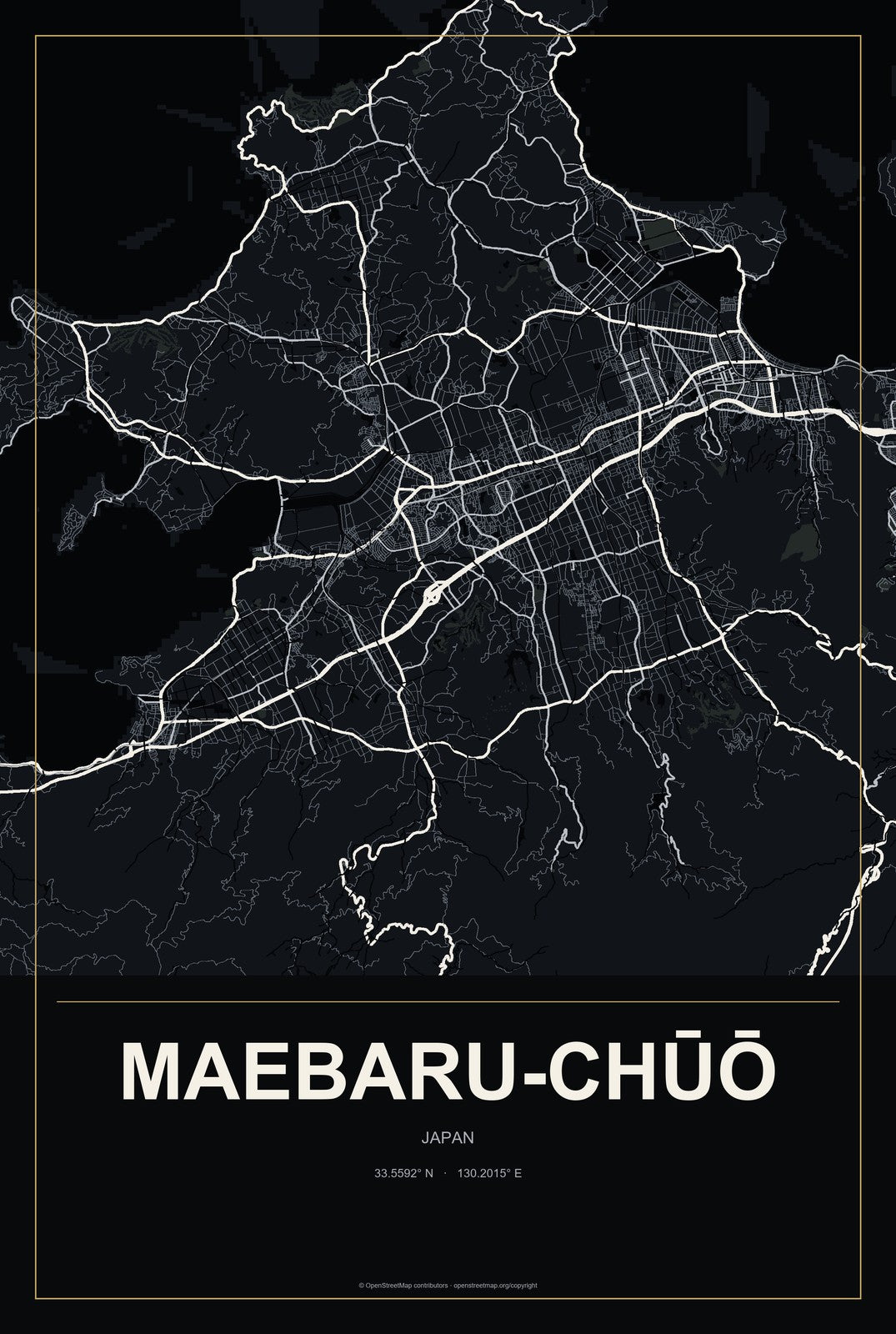 Maebaru-chūō, Japan City Map Aluminum Sign in Metropolitan Noir style